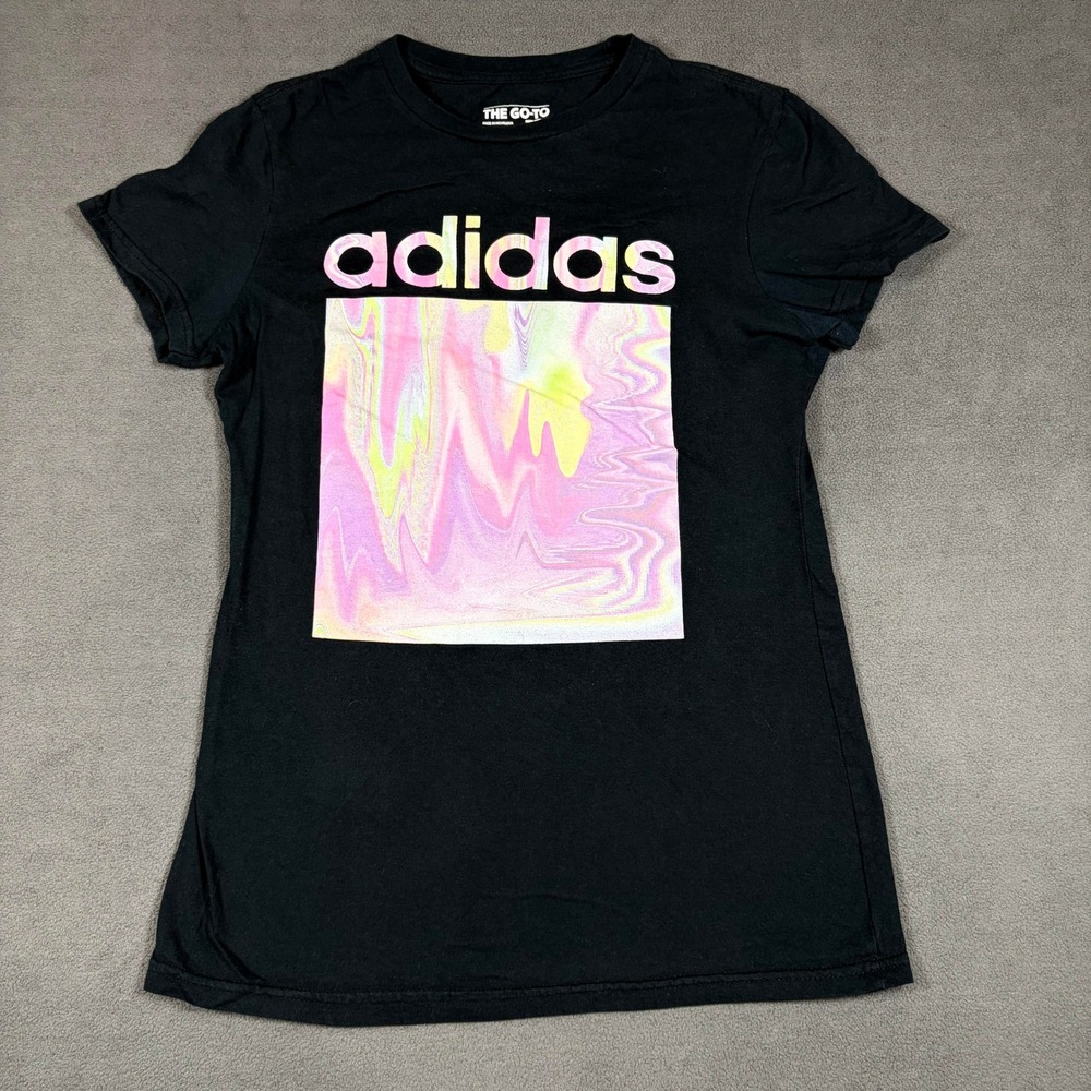 Adidas Graphic T-Shirt Womens Small Black Pastel Psychedelic Logo Go-To Tee